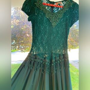 💚Vintage emerald Green Lace Dress Sen Shi Drop waist floral fringe
